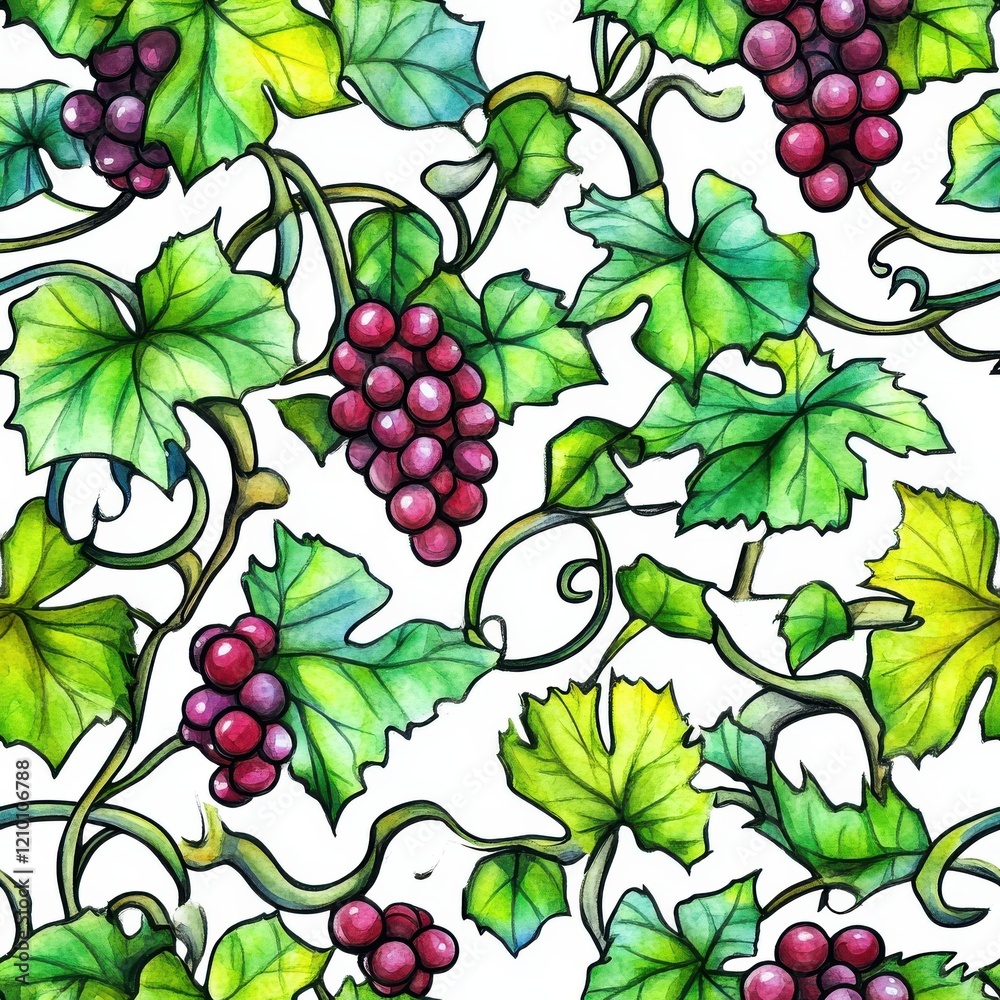Poster Cascading grapevines with vibrant greens and deep reds in a bold doodle watercolor pattern