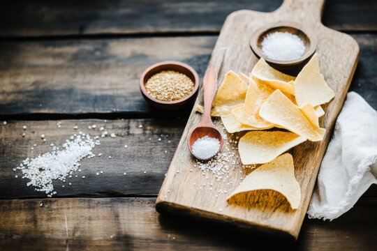Quinoa chips arranged on a wooden board with salt and cumin seeds