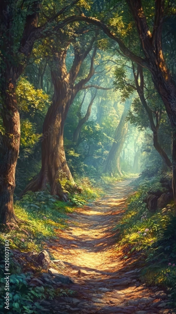 Poster Dense forest path illuminated by sunlight filtering through tree canopies creating a serene atmosphere in nature