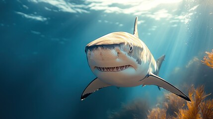 Naklejka premium Ocean reef shark underwater sunbeam swim