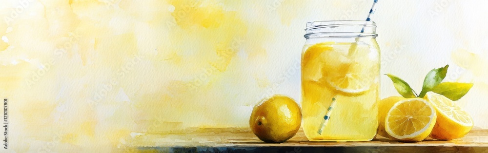 Poster Refreshing lemonade in a jar with fresh lemon slices on a wooden table and a soft watercolor background