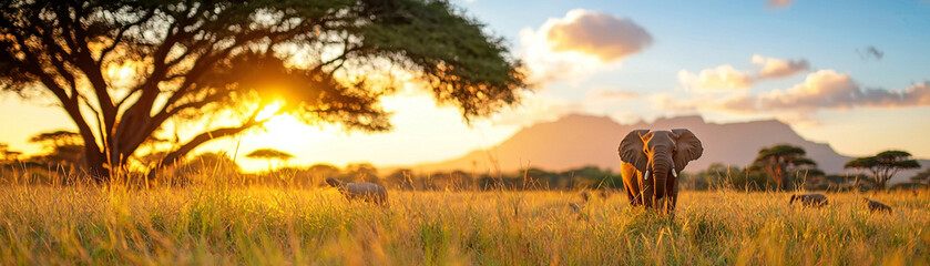 Fototapeta premium Majestic elephant in savanna sunset africa ai generated nature photography vibrant landscape view