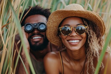 Happy multiracial couple exploring nature with binoculars. Generative AI