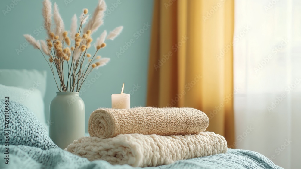Aufkleber warm and cozy bedroom setup with soft towels and decorative vase in calming gradient background