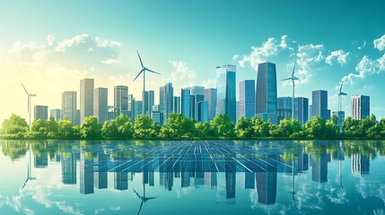 Obraz premium Bright Illustration of Renewable Energy Sources in Urban Environment