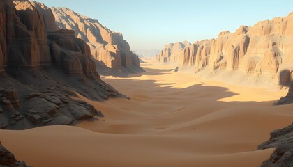 Fototapeta premium Majestic Sand Dunes Enveloped by Ancient Rock Formations in the Sahara Desert