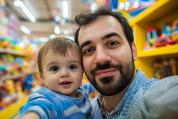 Obraz premium Parent Holding Baby Inside Toy Store with Bright Background, Generative AI