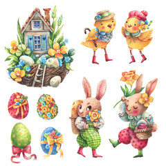 Collection of Cute Easter-Themed Watercolor Illustrations: Bunnies, Chicks, Spring Flowers, Easter Eggs, and Cottage