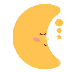 Obraz premium Funny Cute Kawaii Moon Cartoon Character with Smiling Face. Simple Childish Yellow Positive Luna Icon Silhouette Element. Romantic Baby Shower Day Greeting Element or Nursery Decoration Symbol