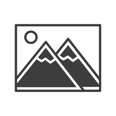 Gallery icon. Mountain landscape with the sun. Simple line art icon of a landscape image. Vector illustration