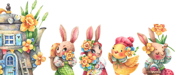 Easter Illustration Card with Cute Characters and Spring Flowers