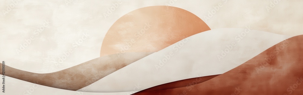 Poster Minimalist geometric abstract design featuring soft curves and a warm sun in a serene landscape