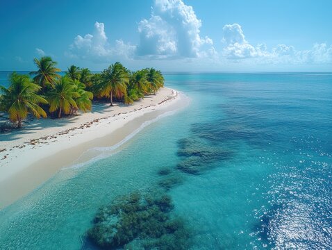 A breathtaking aerial view of a tropical island with white sandy beaches and clear turquoise water