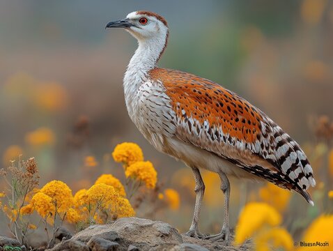 A magnificent kori bustard standing tall amidst a field of yellow flowers in nature
