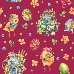 Fototapeta premium intage Seamless Pattern of Cute Chicks on a Raspberry Background with Spring Flowers and Easter Eggs