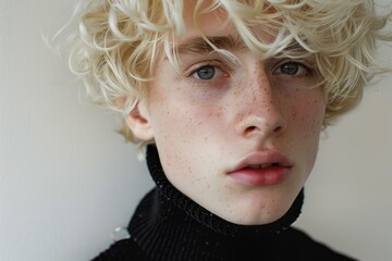Close up portrait of fashionable young man with unique features, showcasing freckled skin, curly blonde hair, and expressive gaze