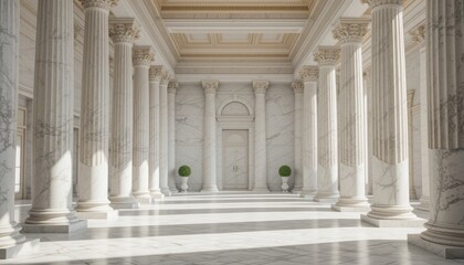 Sunlit Marble Colonnade: Elegant Classical Architecture, Interior Design, Luxury, Grandeur, Palace, Columns, Hallway.