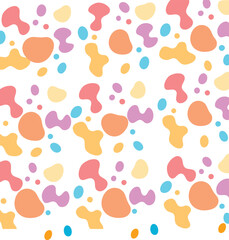 A seamless pattern featuring a variety of organic shapes in pastel colors, including pinks, oranges, yellows, and blues, on a white background.