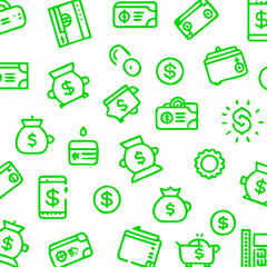 Seamless Pattern of Green Financial Icons on White Background