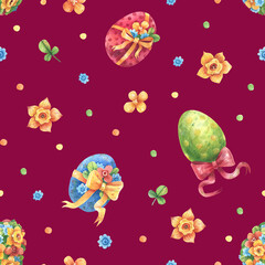 Watercolor Seamless Patterns with Colorful Easter Eggs, Spring Flowers, and Festive Elements