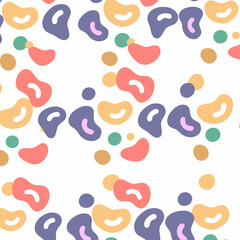 A seamless pattern featuring various organic shapes in soft, pastel colors (pink, peach, lavender, beige, and teal) on a white background.
