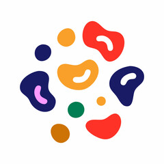 A fun and playful pattern of colorful, organic shapes (blobs, circles, and ovals) against a clean white backdrop.
