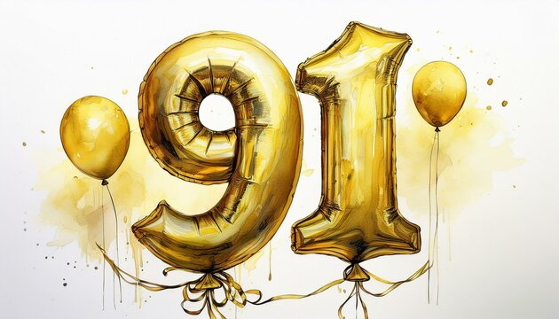 Gold birthday / anniversary party balloon, number 91, watercolor painting with white background