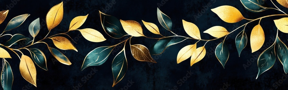 Poster Elegant abstract branches with glossy metallic gold leaves create a striking visual on a dark background