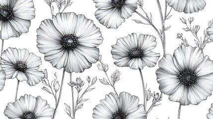 Delicate Floral Sketch: An intricate pencil drawing of delicate wild flowers, meticulously rendered in shades of gray, creates a timeless and elegant botanical pattern.