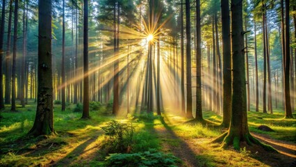 Fototapeta premium A serene forest with sunbeams filtering through the trees, casting dappled shadows on the forest floor , sunlight, trees
