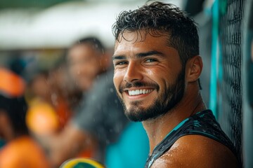 Happy athlete during paddle tennis mixed doubles outdoor court. Generative AI