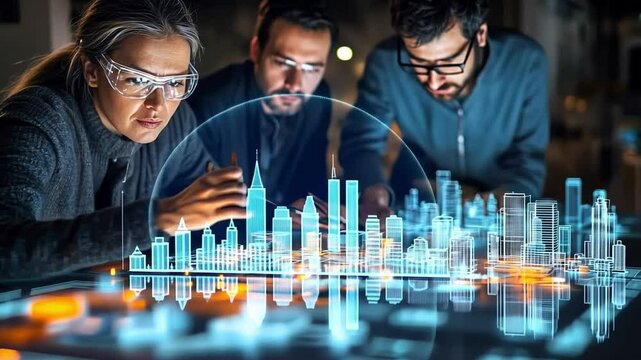 Urban Planning Collaboration: A team of architects and urban planners work together on a futuristic cityscape model, using cutting-edge technology to visualize their ambitious design.