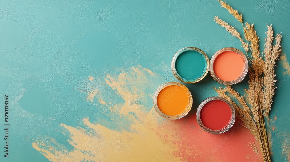 Aufkleber vibrant gradient blend with teal and gold hues paired with colorful paint cans and natural elements 