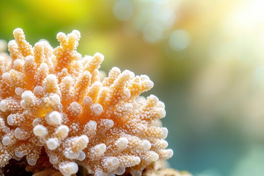 Close view of a coral with a bright yellow background and soft light highlighting the texture