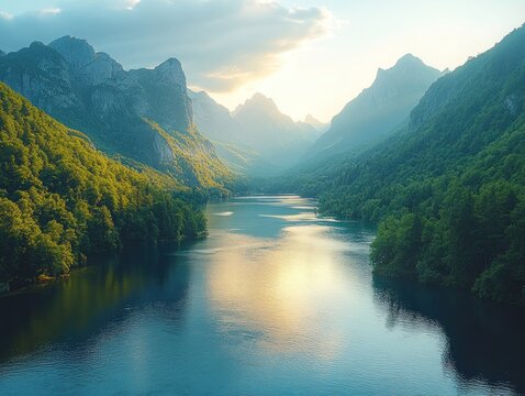 Majestic mountain range with a serene lake reflecting the sky and surrounding landscape