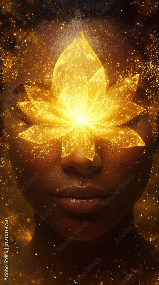 Aufkleber surreal representation of a woman's face with a glowing lotus and golden sparkles in an ethereal atm