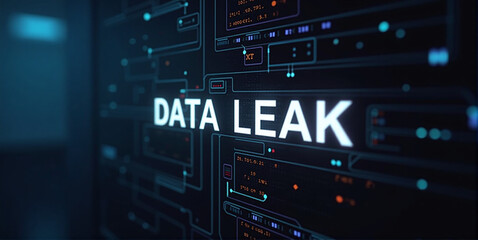 Obraz premium Digital server glows ominously, network exposed - DATA LEAK visualizes cybersecurity breach, revealing vulnerable interconnected systems under silent digital threat