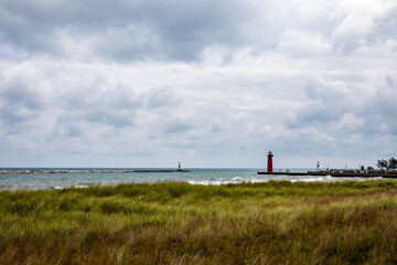 Lighthouse on a beach on a summer day in Kenosha, Wisconsin, USA 