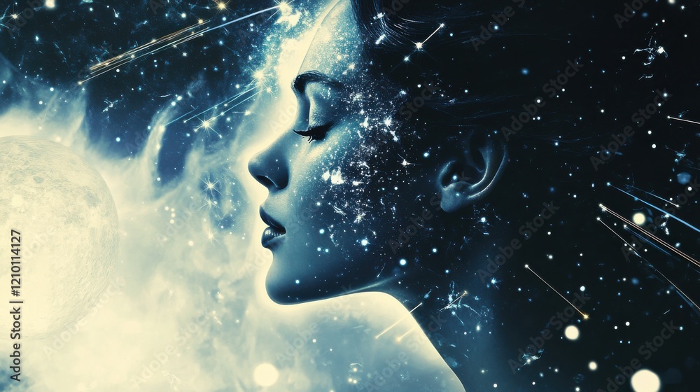Aufkleber surreal portrait of a glowing woman with cosmic elements in a dreamlike setting