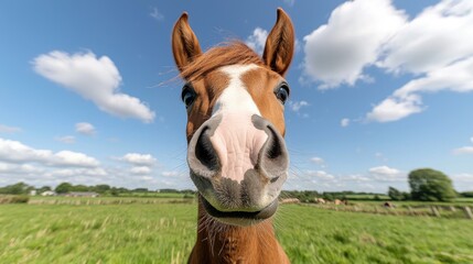 Fototapeta premium Chestnut horse portrait, pasture, sunny day, playful expression, equine photography