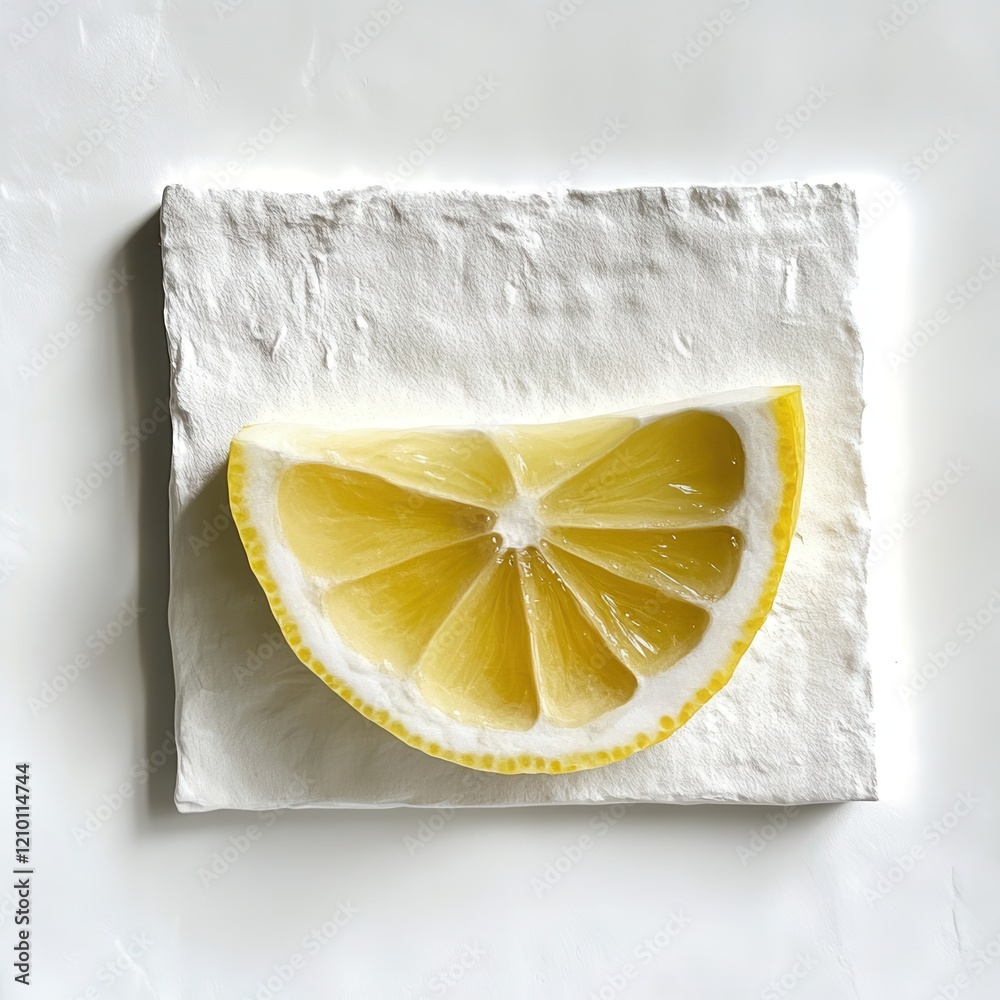 Aufkleber Fresh slice of lemon displaying vibrant yellow color on a textured white background for culinary or decor inspiration