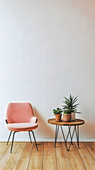 Cozy corner featuring a pink chair and potted plants in a minimalist room with wooden flooring and a neutral wall backdrop