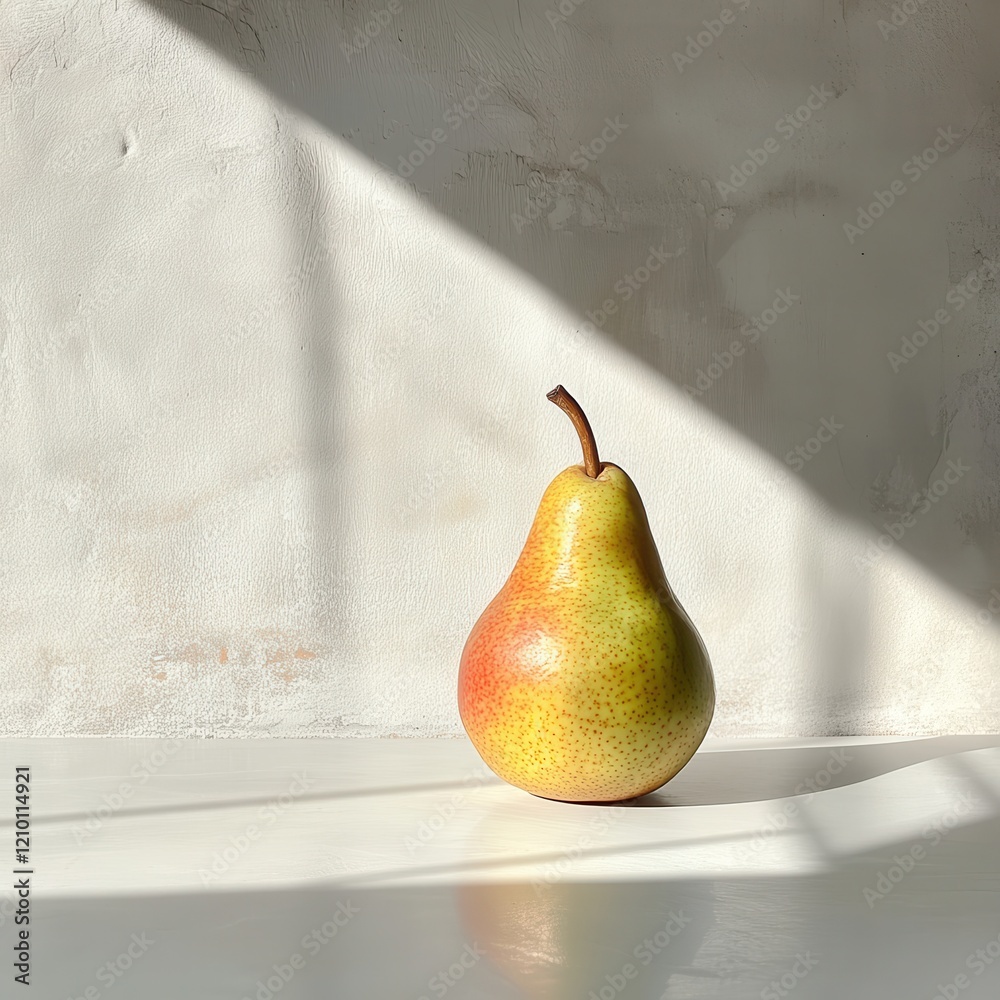 Poster Ripe pear resting on a white surface with soft shadows in a bright, serene setting