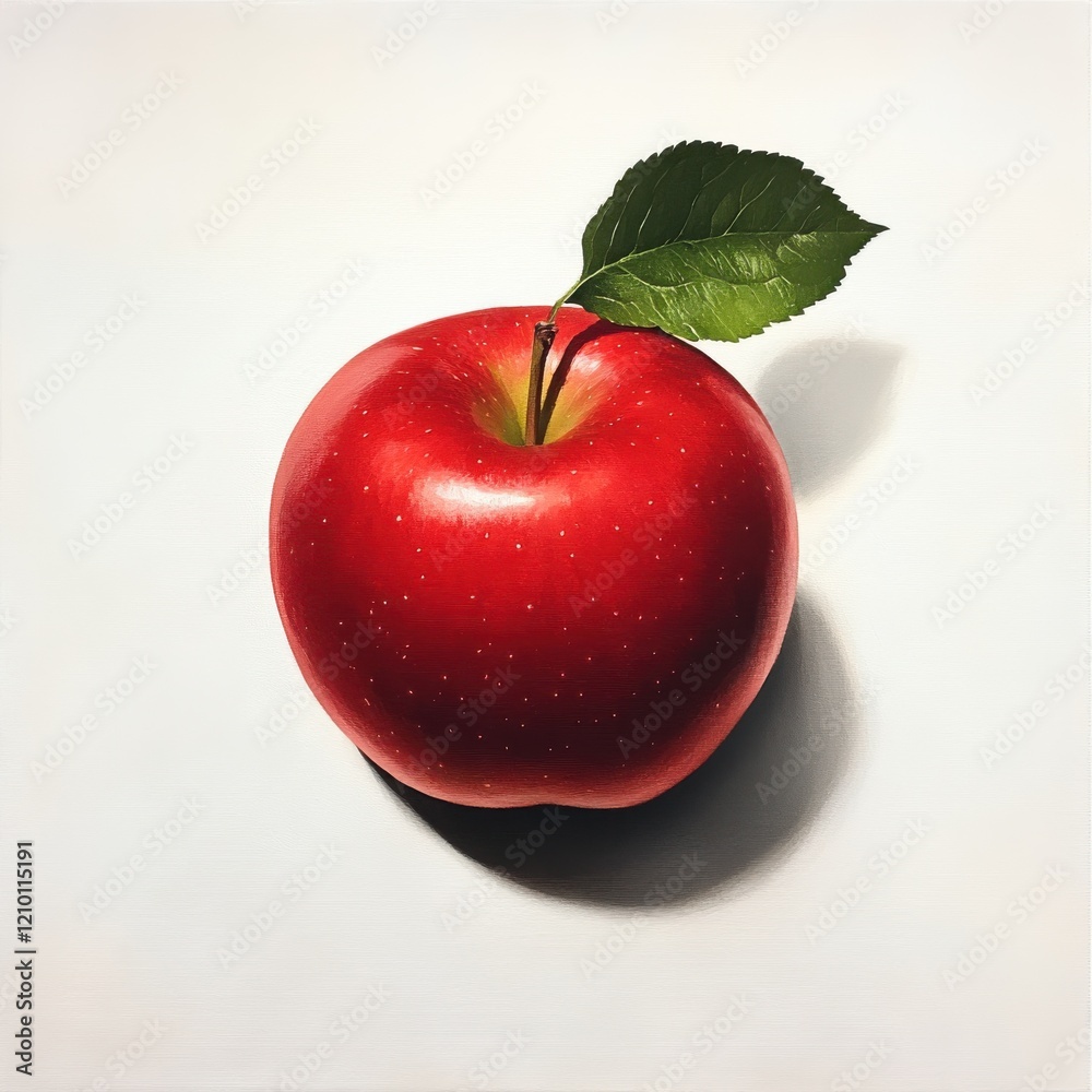 Poster Shiny red apple with a green leaf resting on a smooth surface in soft natural light