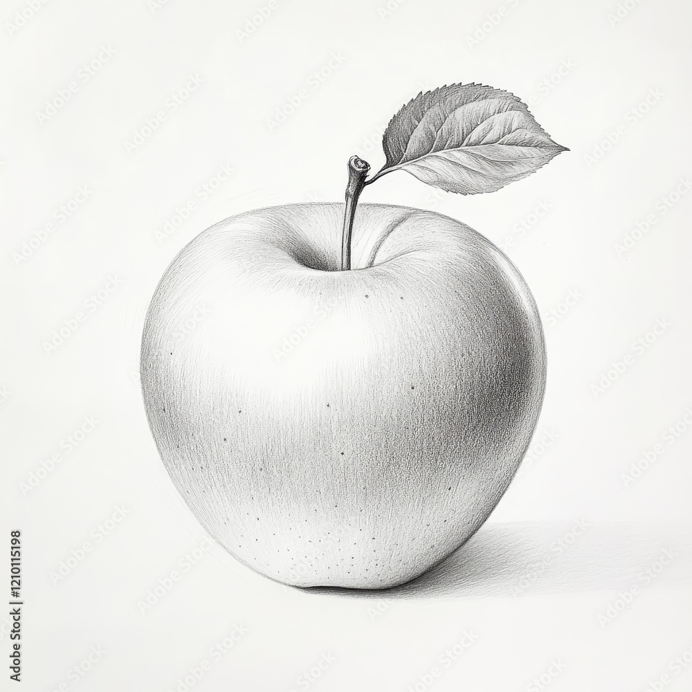 Poster shiny apple with a small leaf drawn in detailed graphite on white paper