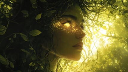 Serene portrait of a young woman with nature-inspired elements in a sunlit forest