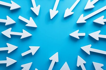 Many arrows pointing in different directions with one arrow showing main direction over blue background, solution, strategy, plan or success concept, Generative AI