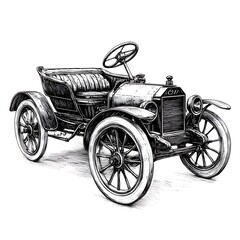 Vintage antique car drawing, side view, detailed illustration.
