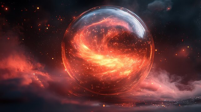 Fiery Orb of Power: A mystical orb of fire, trapped in a transparent sphere, glows intensely against a backdrop of swirling smoke and stars.