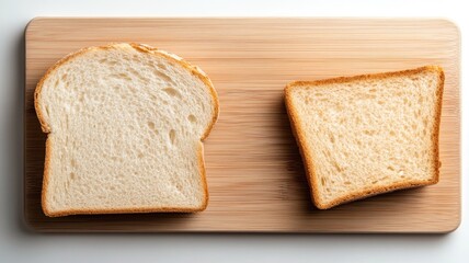 Two slices of white bread on wooden board, one sliced and square